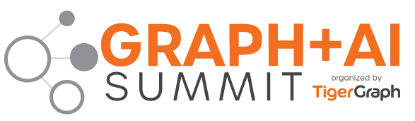 Logo for the Graph + AI Summit 2023 features an orange and gray design with interconnected circular and hexagonal shapes, symbolizing graph networks and artificial intelligence.