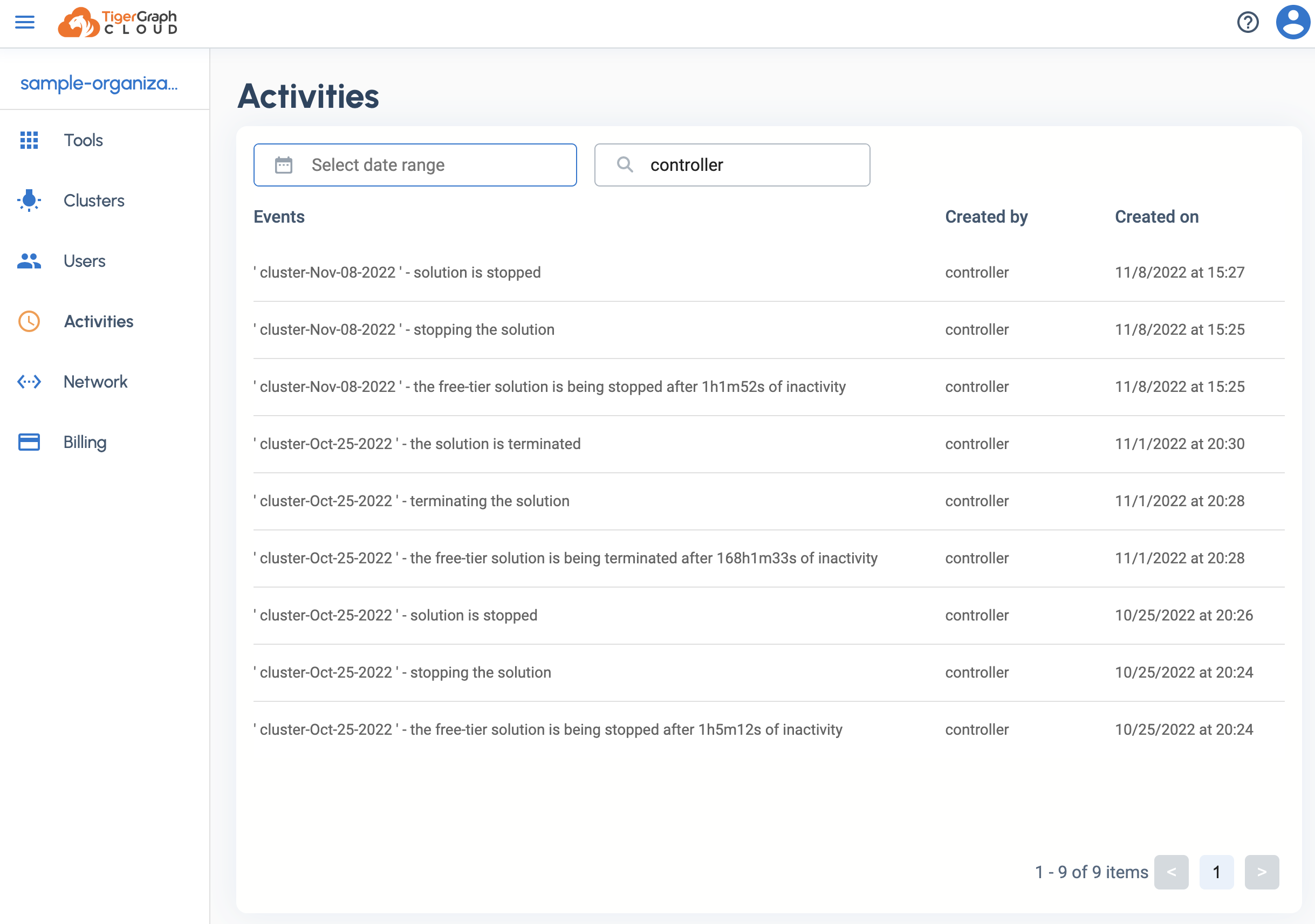 Activities page shown filtered by search term 'controller', showing all actions performed by the controller