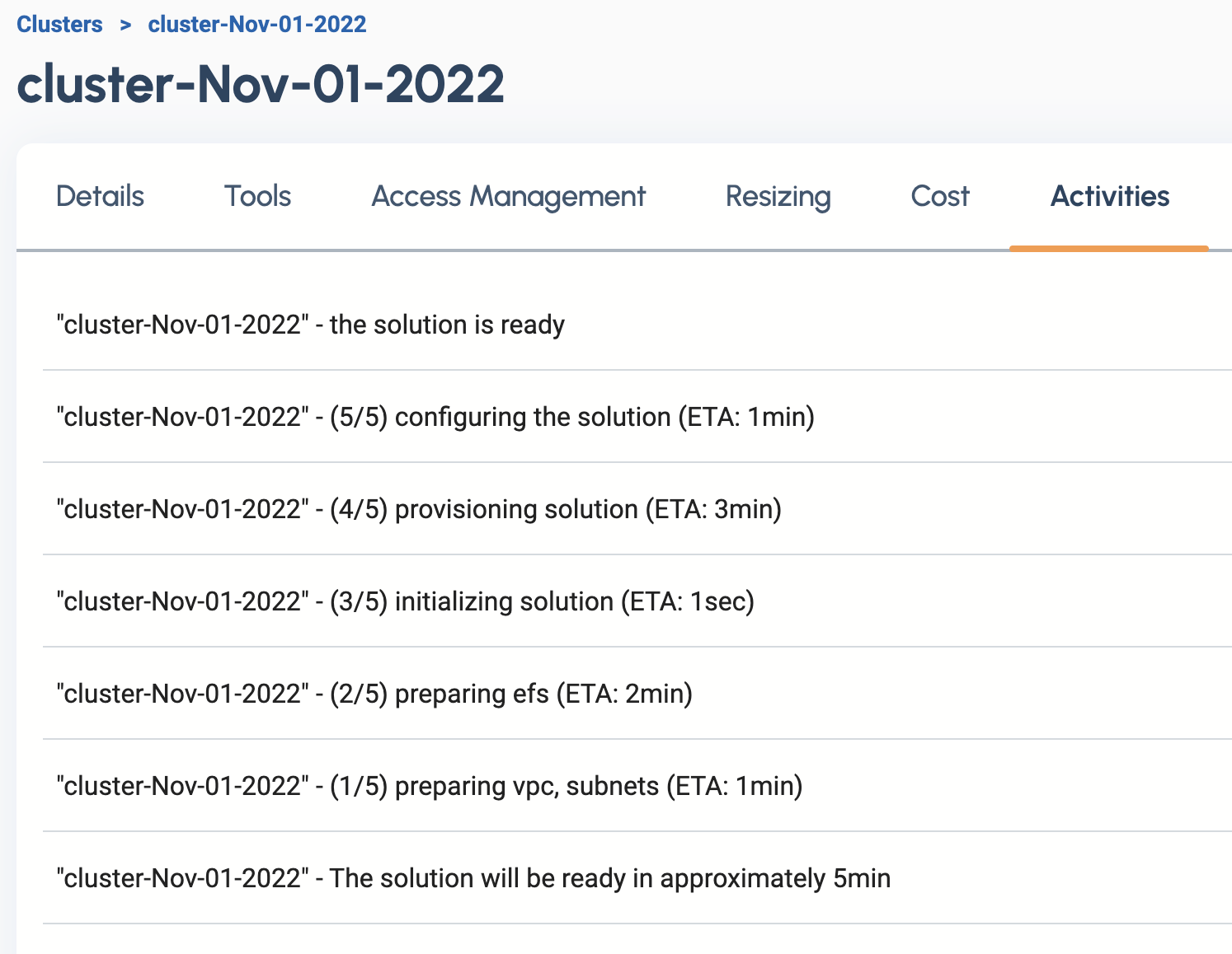 cluster activity list