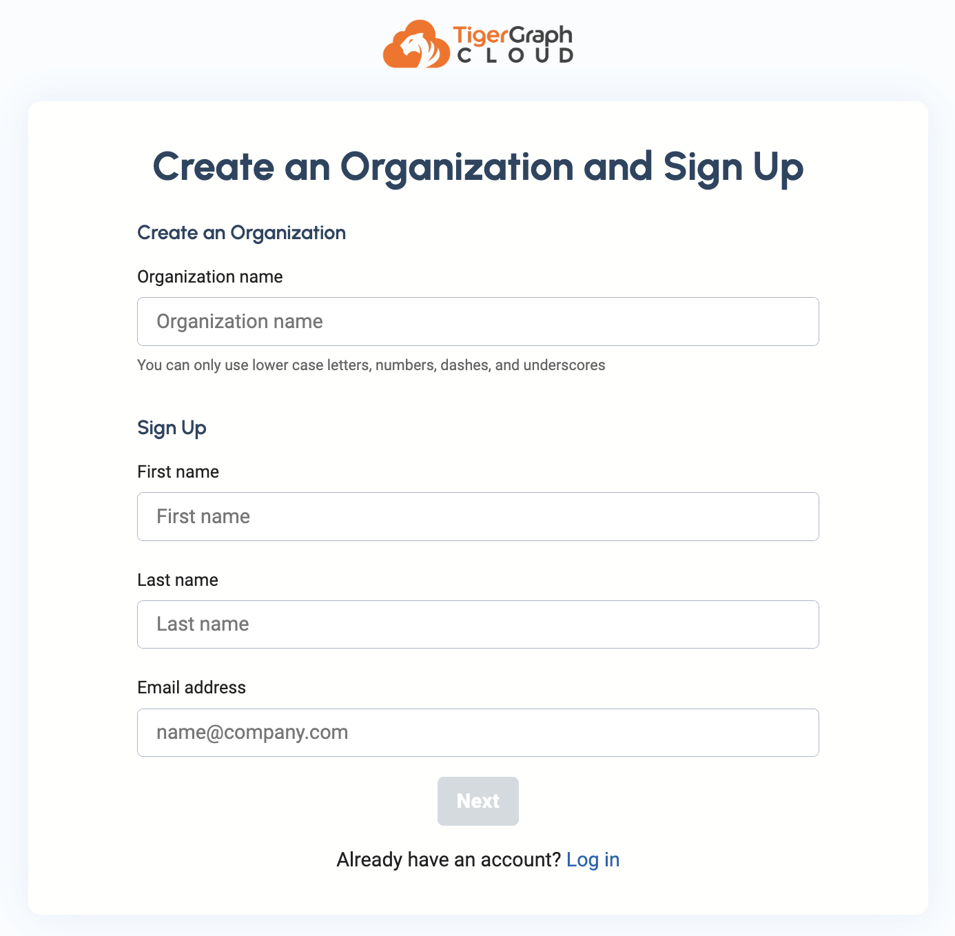 TigerGraph Cloud Create Organization page