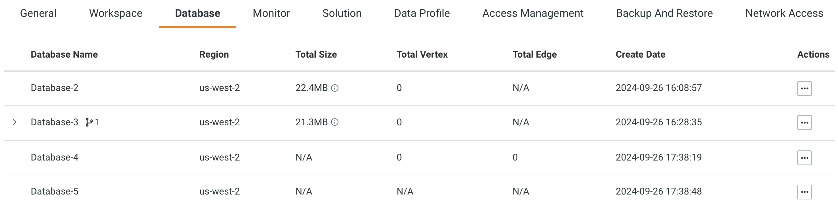 workspace database tab