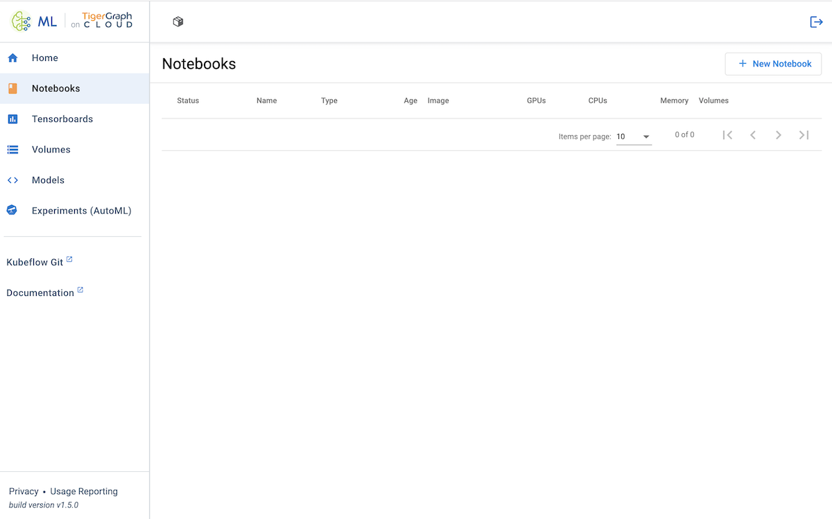 Screenshot of the Notebooks page upon first launch