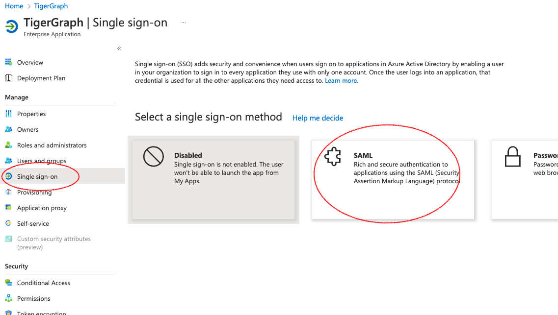 Screenshot highlighting the SAML option