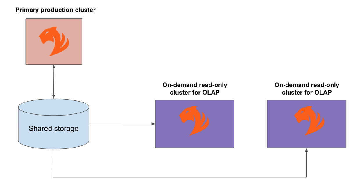Diagram of an ER cluster. A primary production cluster has a two-way arrow connecting it to a shared storage area. The shared storage area has one-way arrows leading from itself to two on-demand read-only clusters for OLAP.