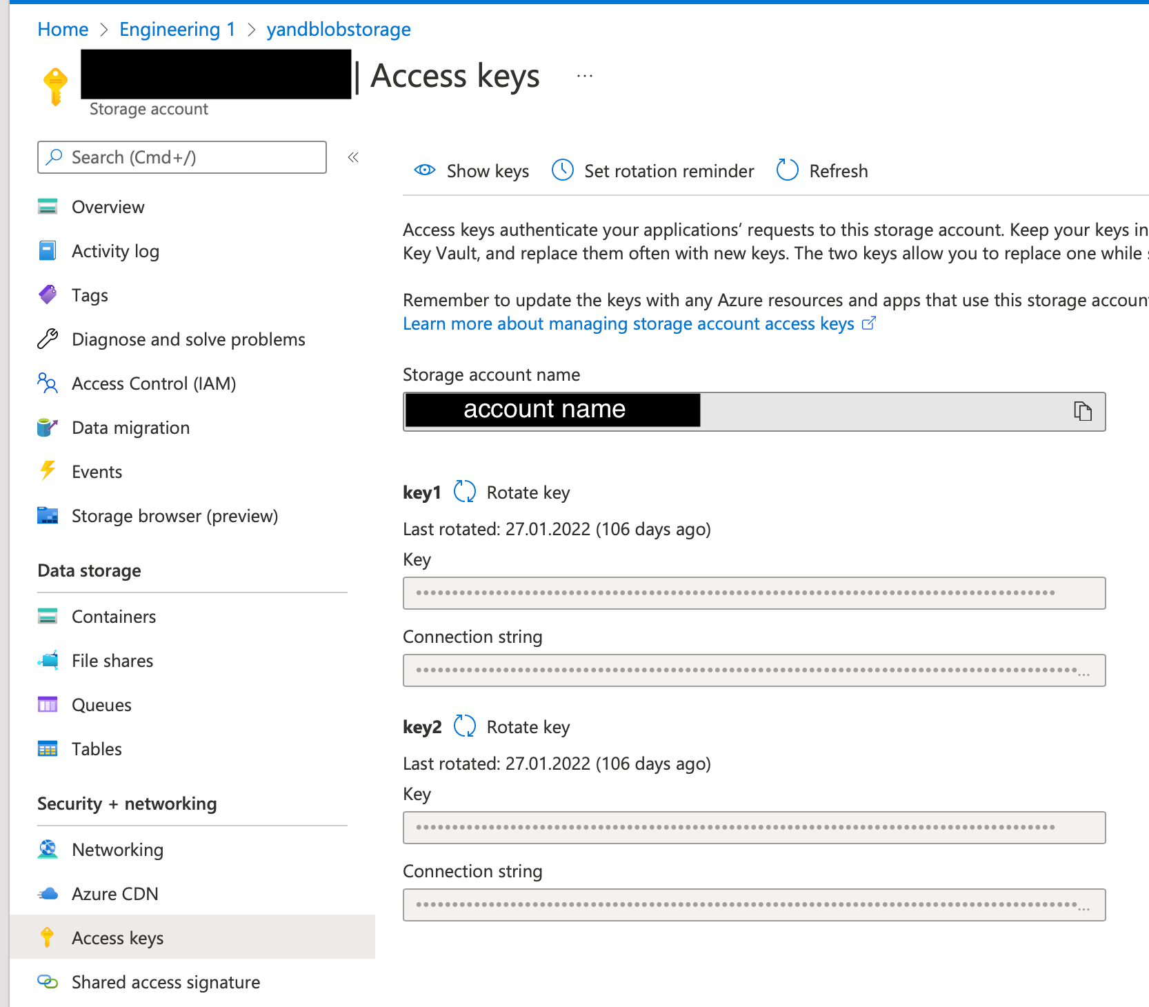 Azure storage account page Access Keys tab