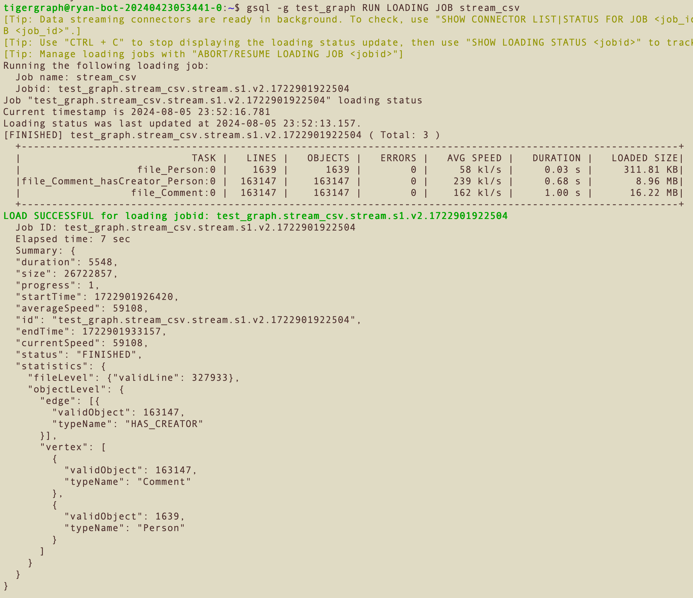 Example GSQL loading progress with data loading v2 enabled